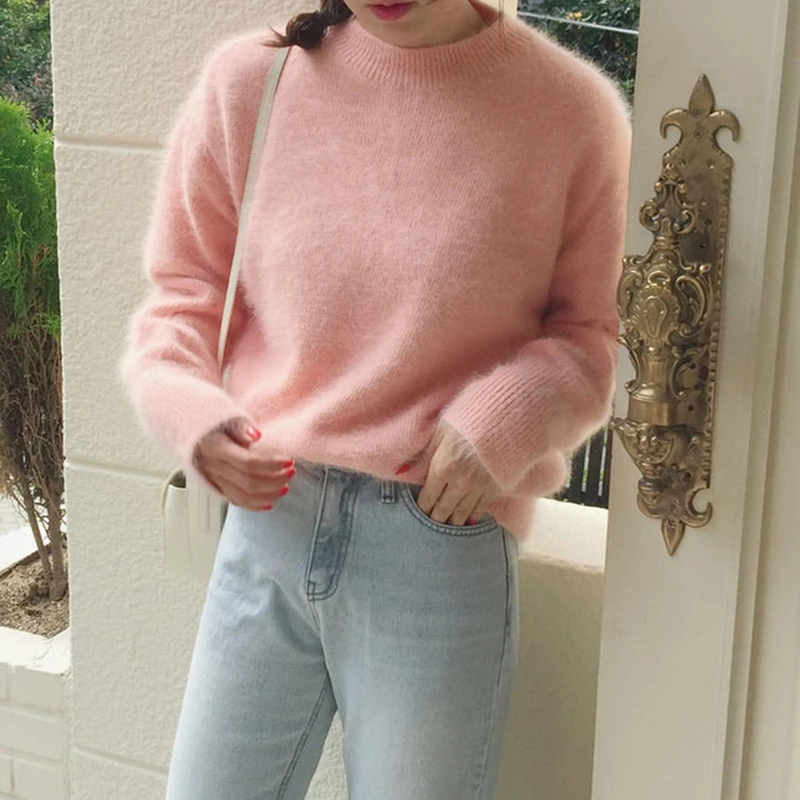 Chic Soft Solid Color Woman Knit Sweaters Round Collar Loose Casual Long Sleeve Women Pullovers 2020 Autumn Winter Clothes blue | Женская
