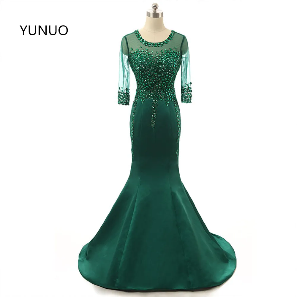 

YUNUO Real Half Sleeve Robe De Soiree Mother Of The Bride Dress Taffeta Long Rhinestone Pearls See Through Evening Dresses