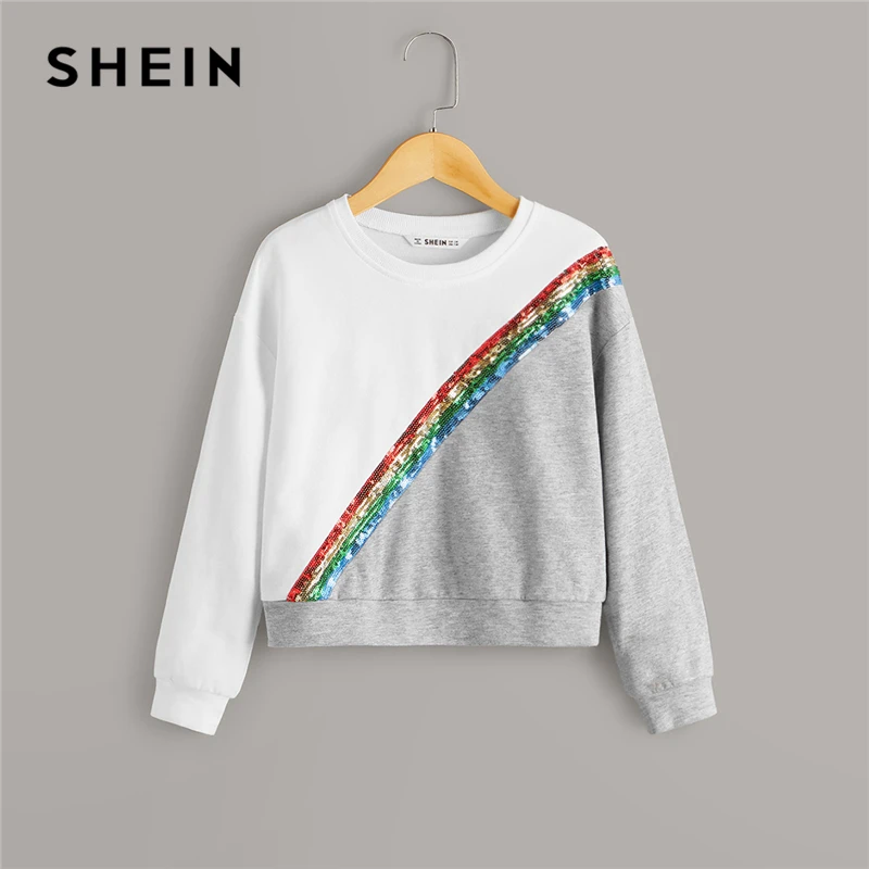 SHEIN Kiddie/Двухцветная Толстовка с контрастными пайетками для девочек; детские топы; коллекция года; осенние повседневные толстовки с длинными рукавами для подростков