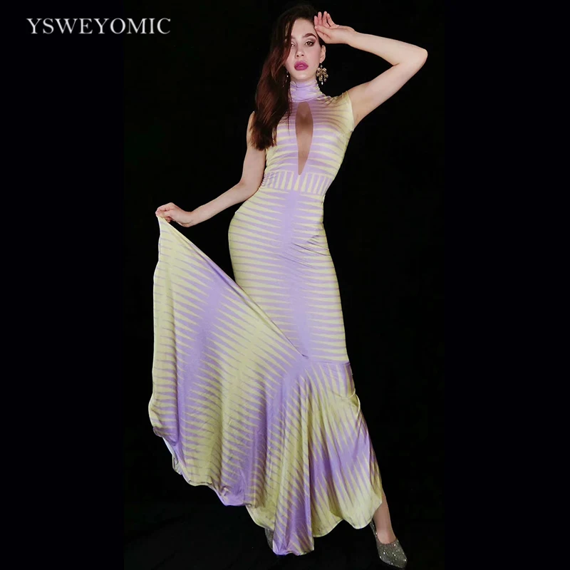 

Yellow Purple Splicing Spandex Mermaid Dress Prom Party Evening Show Floor-length Outfit Women Bar Singer Stage Party Dress