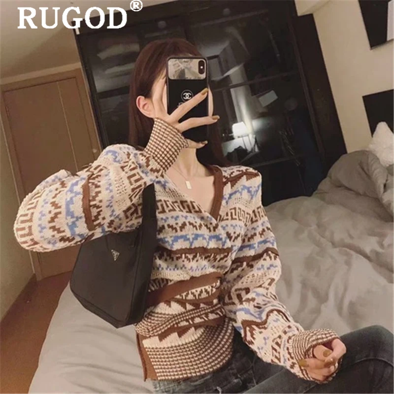 RUGOD Vintage embroidery knitted sweater women Fashion auturm sexy v neck lace up cardigan sweaters female sueter mujer invierno |
