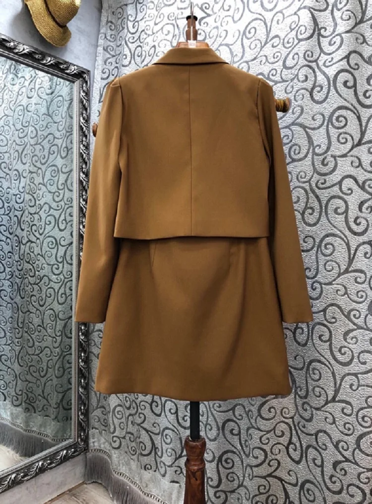 

Elegant Work Suits 2020 Autumn Winter Jacket Set Ladies Long Sleeve Blazer Coats+Buttons Front Mini Brown Skirt Sets 2 Pc Outfit