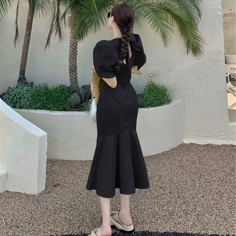 

Slim Bow Square Neck Dresses Women Backless Mermaid Summer Maxi Dress Wrap Hips Fashion Korean Chic Vintage Vestidos Robes Femme