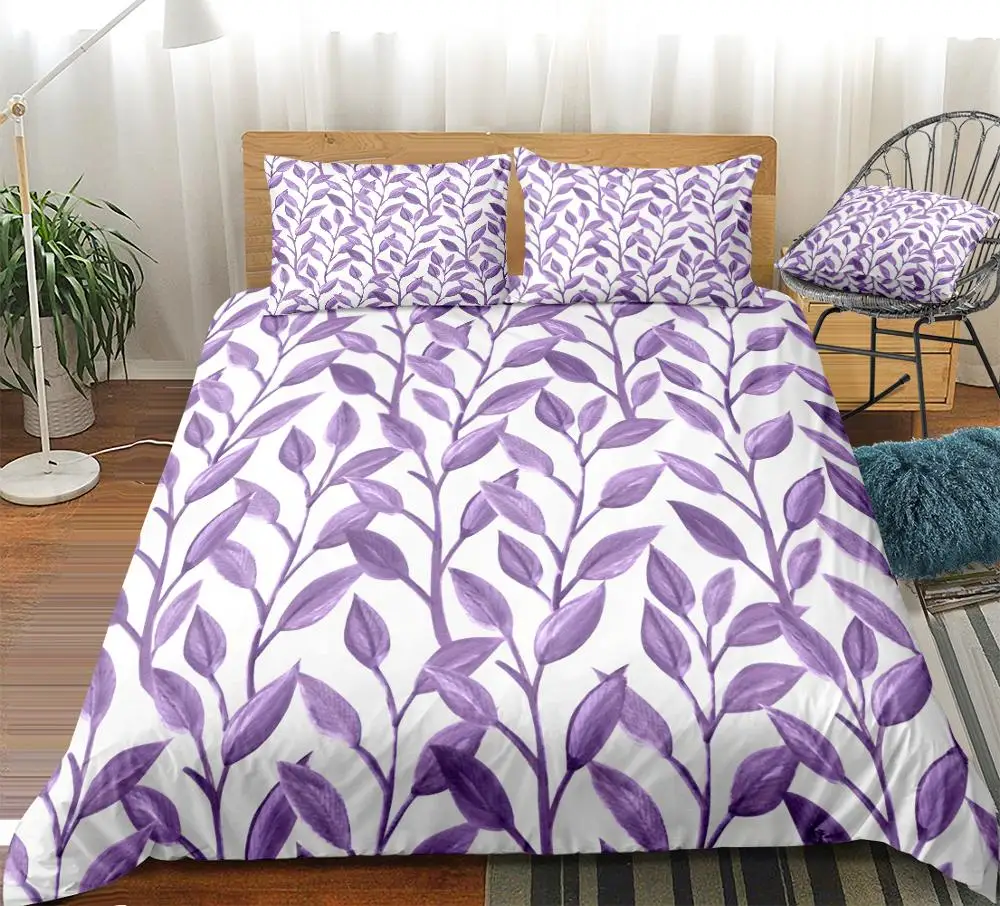 

Purple Duvet Cover Set Plants Bedding Set Purple Leaves Beds Set Bedspread Home Textiles Microfiber For Girls Kids Bedlinen 3ps