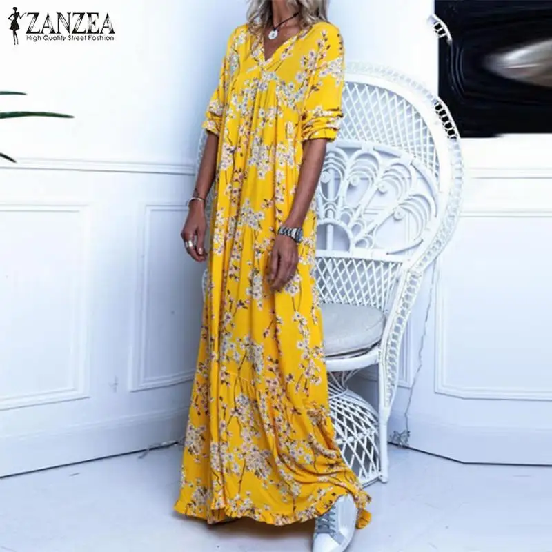 ZANZEA Women Bohemian Dress Autumn V neck Long Sleeve Floral Printed Sundress Casual Vintage Party Maxi Vestido Robe Femme | Женская