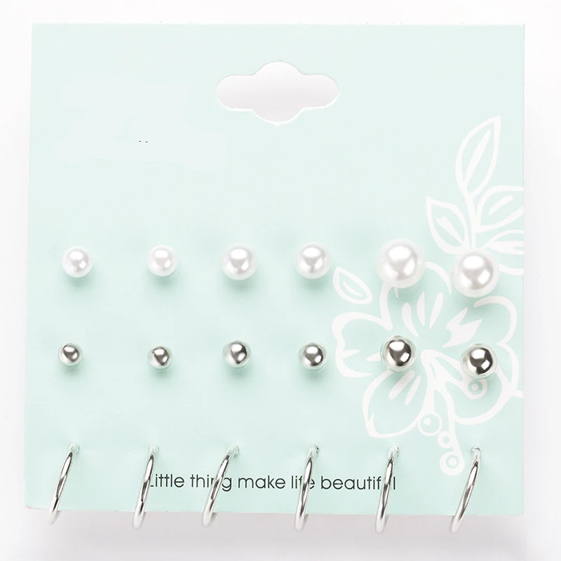 Модные смешанные серьги-гвоздики с жемчугом золотого/серебряного цвета 9 парт/уп.