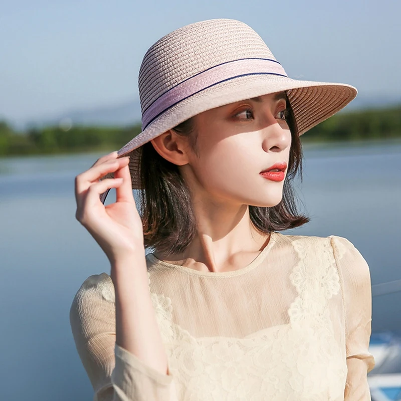 

"New Summer Women Straw Hat Fisherman Ladies Sun Hat For Raffia Cap Foldable Hats Bowknot Female Wide Brim Beach Hat "