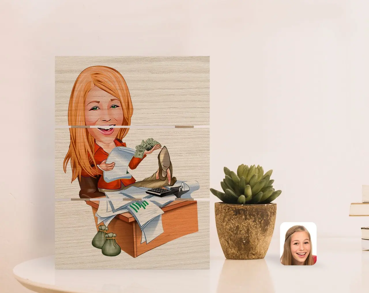 

Personalized Women 'S Boss Caricature Of Authentic Desktop Wood Pallet Çerçeve-6