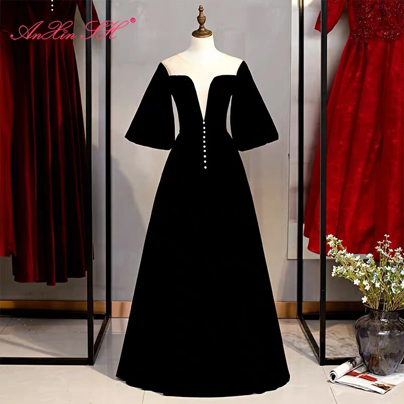 

AnXin SH princess black velour evening dress vintage party o neck half sleeve beading pearls a line bride lace up evening dress