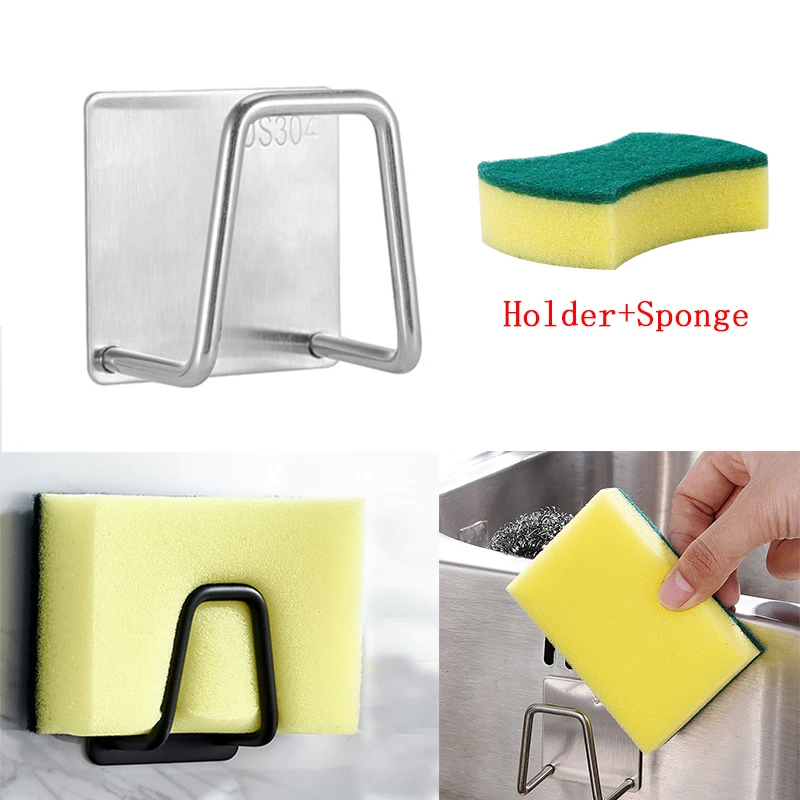 

2piece set Sink Sponge Rack Drain Storage with sponge Shelf Stainless Steel Kitchen Wire Ball Rag Organizer Holder
