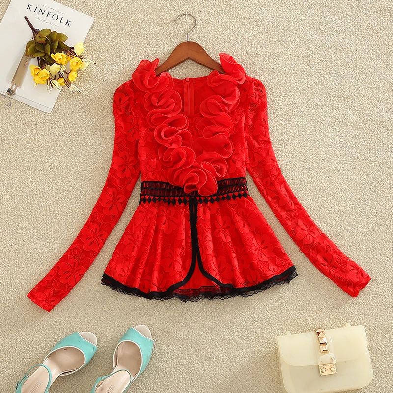 Новинка женская модная блузка на весну и осень милая кружевная рубашка с