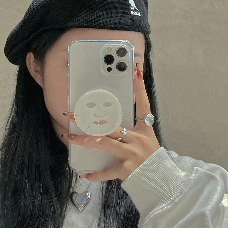 

3D Funny Face Mask Transparent Ring Holder Stand Phone Case for iphone 13 12 11 Pro Max MiNi XR X XS 7 8 plus SE Cute Soft Cover