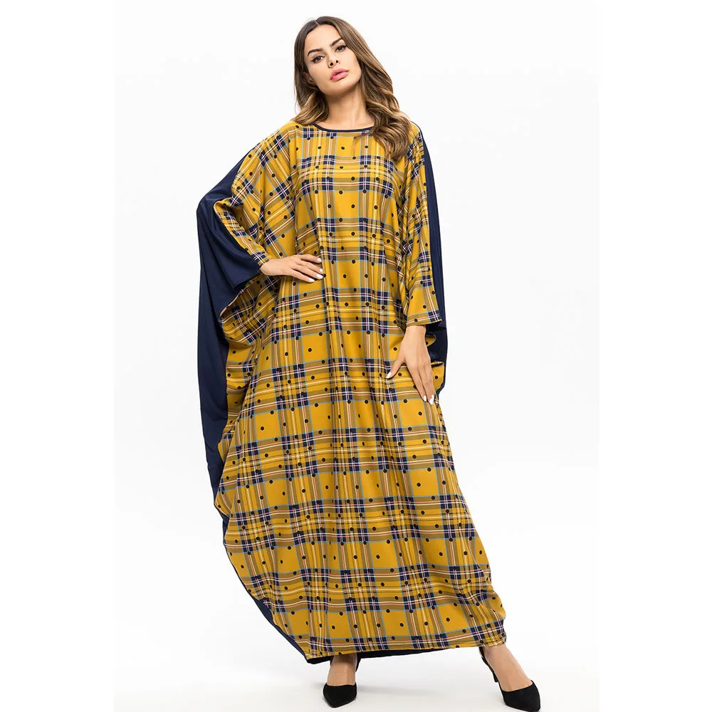 Plaid Muslim Abaya Dress Women Turkey Loose Jilbab Jubah Elbise Islamic Arab Batwing Sleeve Moroccan Kaftan Maxi Hijab Vestidos |