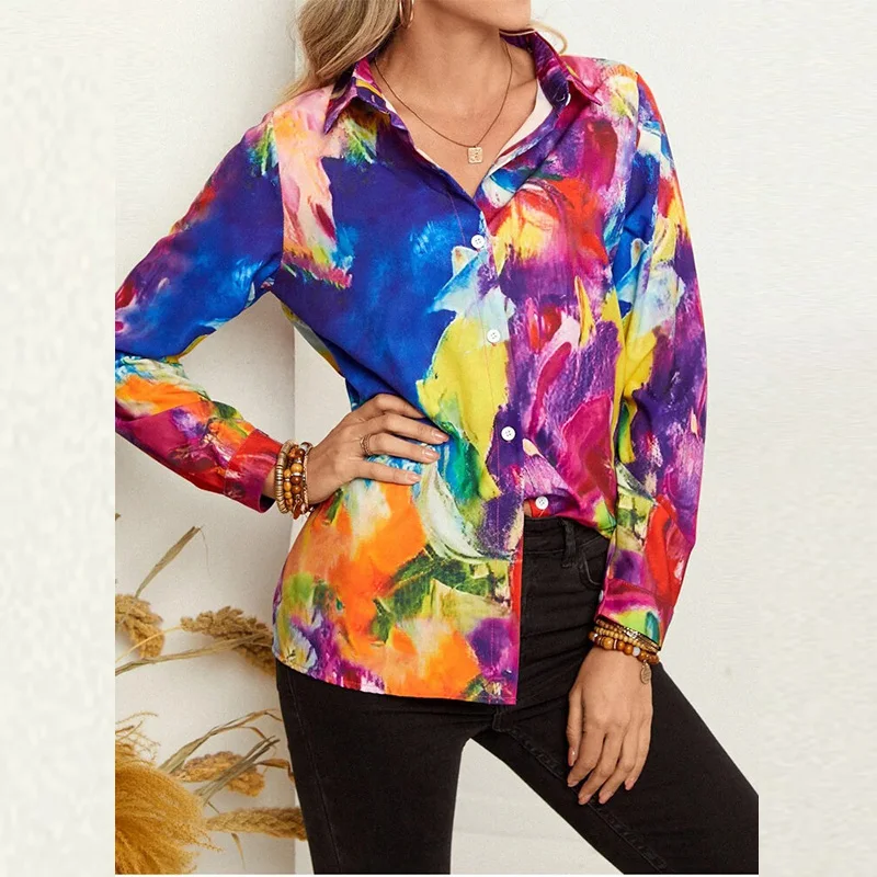 

Fashion Summer Beach Casual Top Harajuku Shirt Long Sleeve Lapel Neck Loose Tie-dye T-Shirt Blouse Summer Buttoned Holiday Shirt