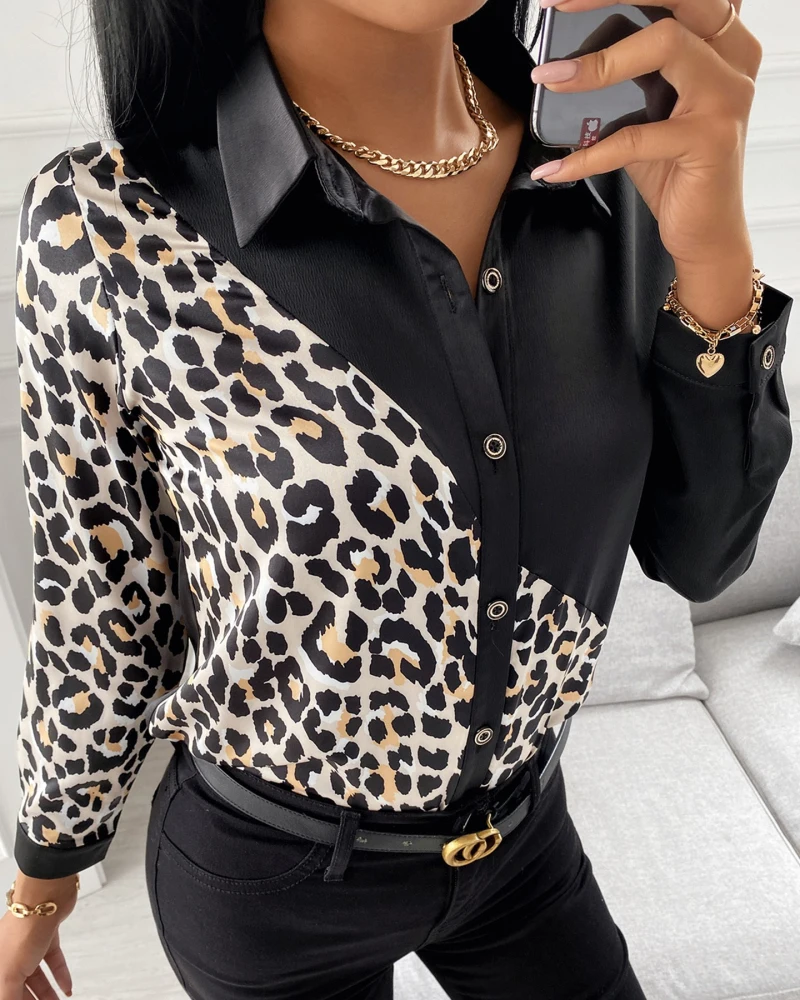 

New Spring Fashion Casual Polo Neck Long Sleeve Shirt Patchwork Single Breasted Slim Shirts For Women