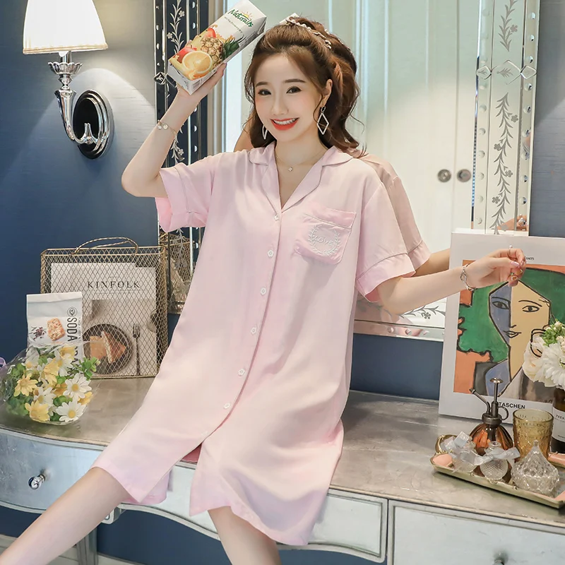 

Cotton Nightgown Loose Nightdress Summer Casual Nightwear Oversized Female Turn-down Collar Sleepshirt comfortable Sleepwear