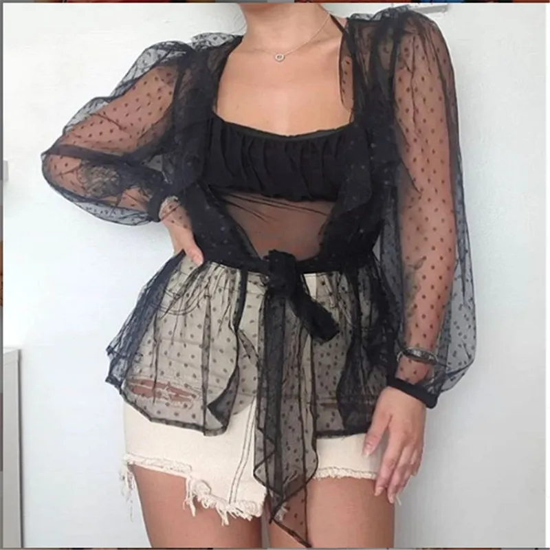 Новинка 2020 женская летняя пляжная блуза в горошек с пышными рукавами прозрачная