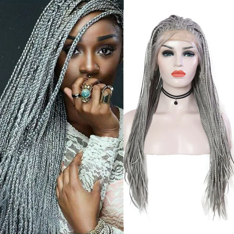 

AIMEYA Gray Long Box Micro Braid Synthetic Lace Front Wig for Black Women with Baby Hair High Temperature Braided Lace Wigs