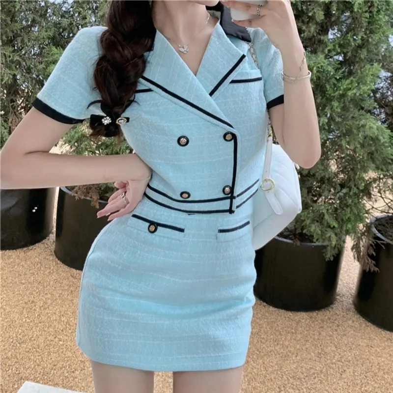 

High Quality Small Fragrance Tweed Two Piece Set Women Short Jacket Coat Crop Top + Bodycon Skirts Sets Sweet 2 Piece Suits