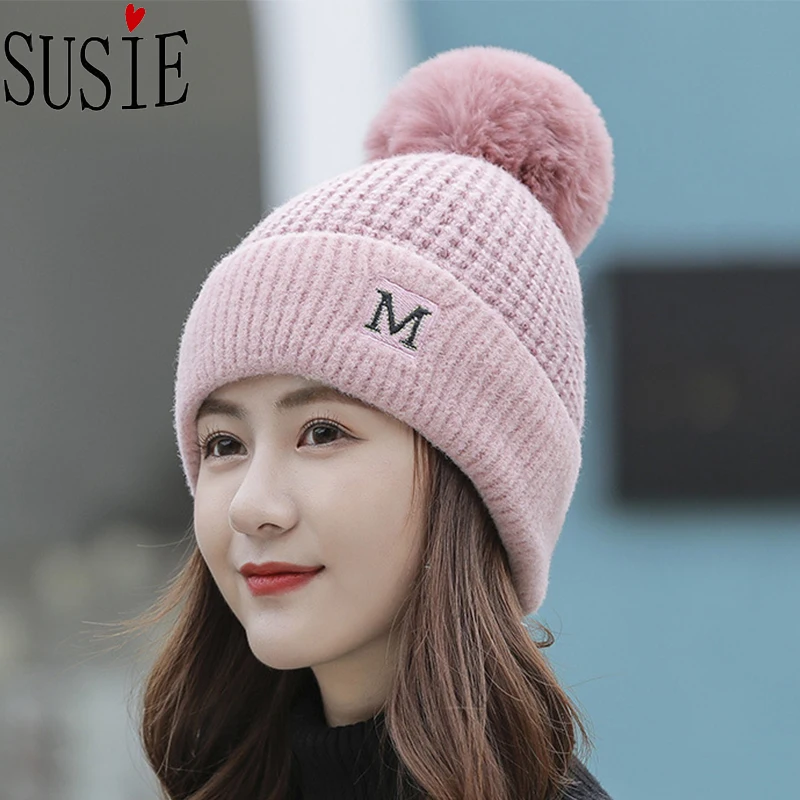 Новинка зимняя вязаная шапка для женщин с рисунком м помпонами флисовой