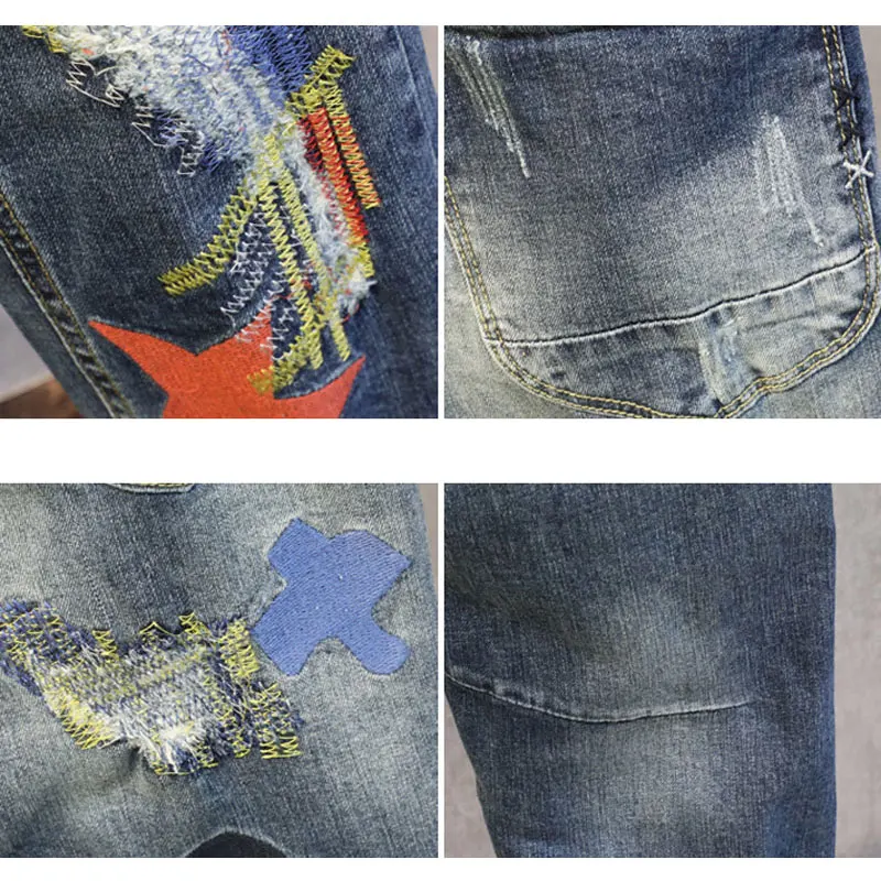 Streetwear Fashion Men Jeans Elastic Slim Fit Destroyed Ripped Jeans Men Embroidery Patches Designer Hip Hop Denim Punk Pants