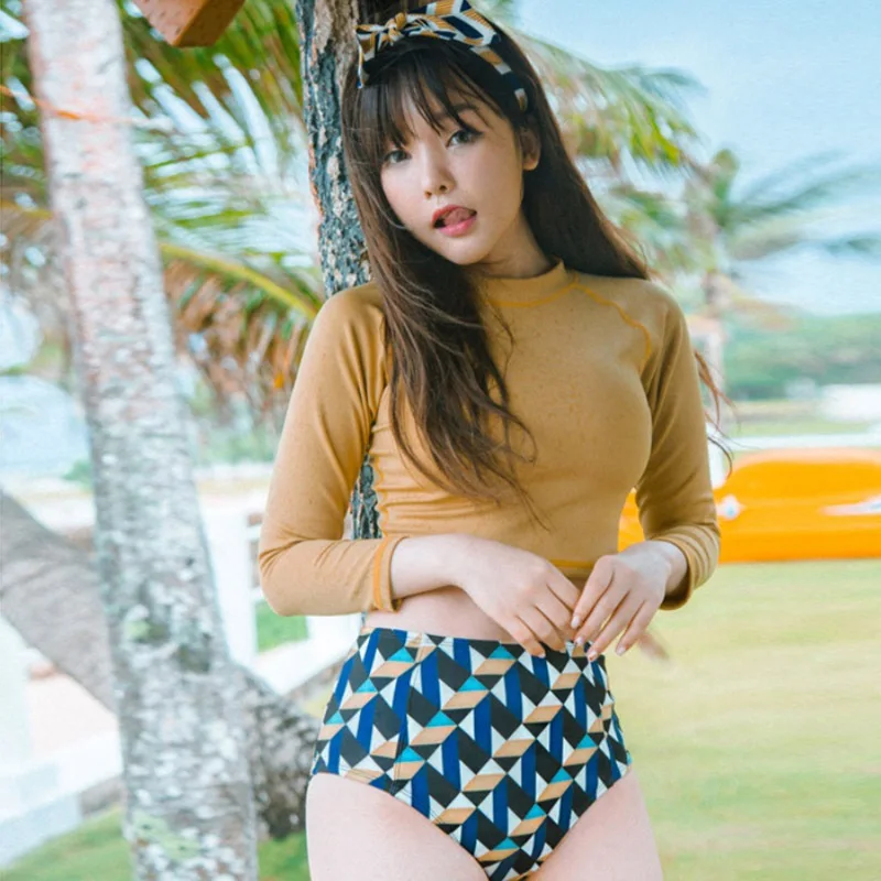 

Women Summer Swimsuit Sunscreen Long Sleeve High Collar High Waist Triangle Split Shorts Swimwear Swimming Beach Wear