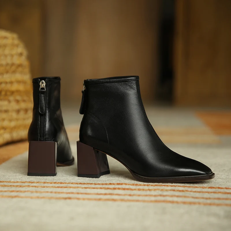 

Genuine Cow Leather Martin boots square toe zipper ankle boots 2020 new British style thick heel single boots women's