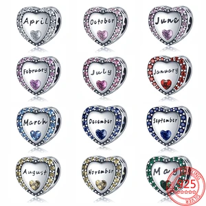 New 925 Sterling Silver Multicolor Heart-Shaped Month Bead Fit Original Pandora Bracelet DIY Charms for Jewelry Making for Women