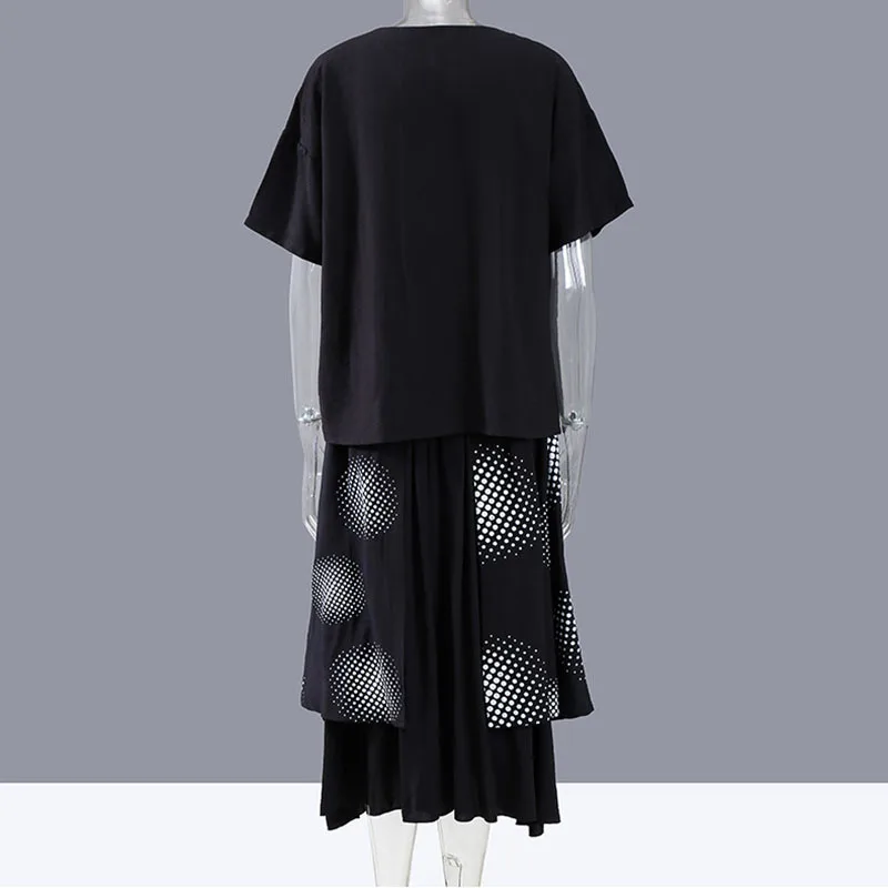 

[EAM] Elastic Waist Half-body Skirt Two Pieces Suit New Round Neck Short Sleeve Black Women Fashion Spring Summer 2021 1DD7754