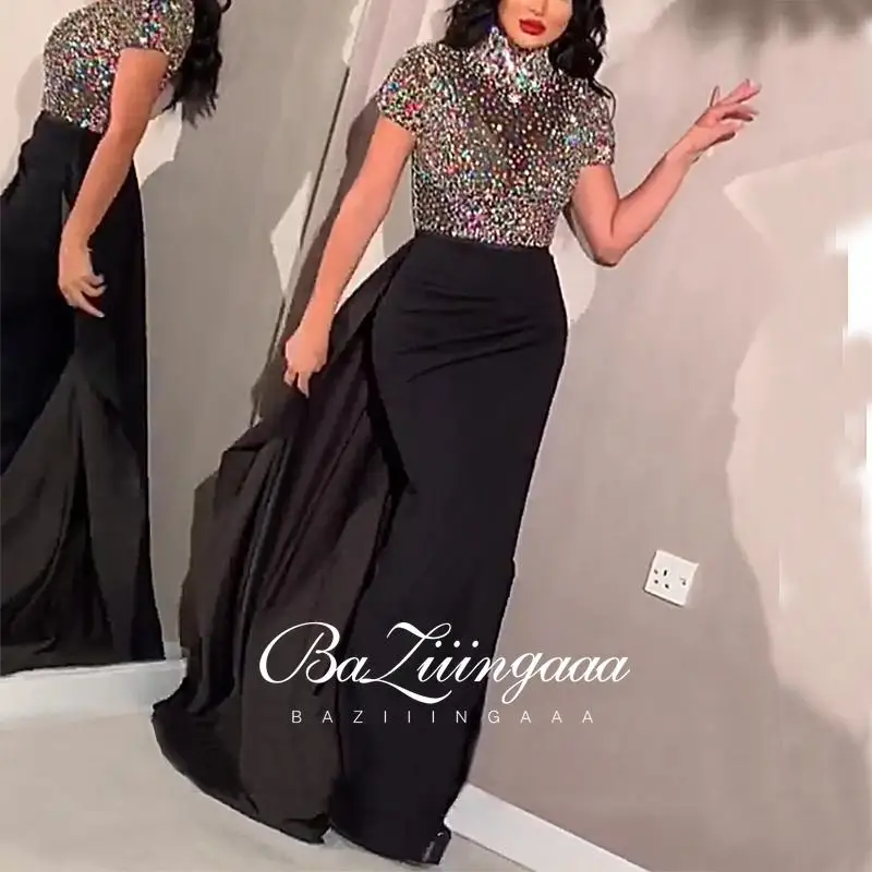 

Robe Sexy Sequin Evening Dresses Mermaid Plunging O-Neck Halter Ruffle Slit Party Gown Vestido De Mujer Elegante