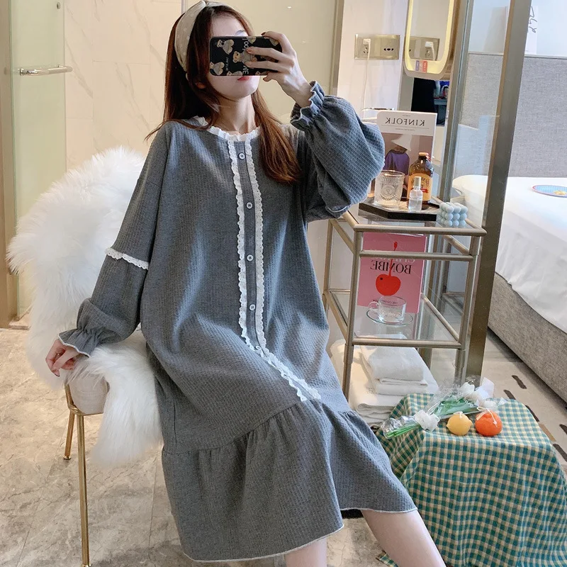 Ночная рубашка женская хлопковая в Корейском стиле повседневный свободный халат