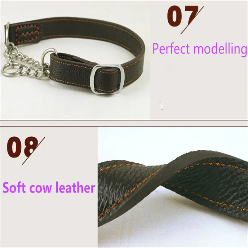 

Real Cowhide Leather Pet Pinch Collar Leads Strap Manual Large Dog Chain Neck Adjustable Buckle Rope Leash For Medium Big Dogs