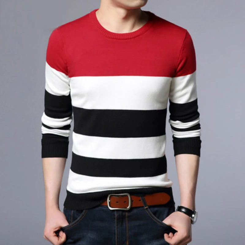 Мужской трикотажный свитер в полоску с круглым вырезом | Мужская одежда
