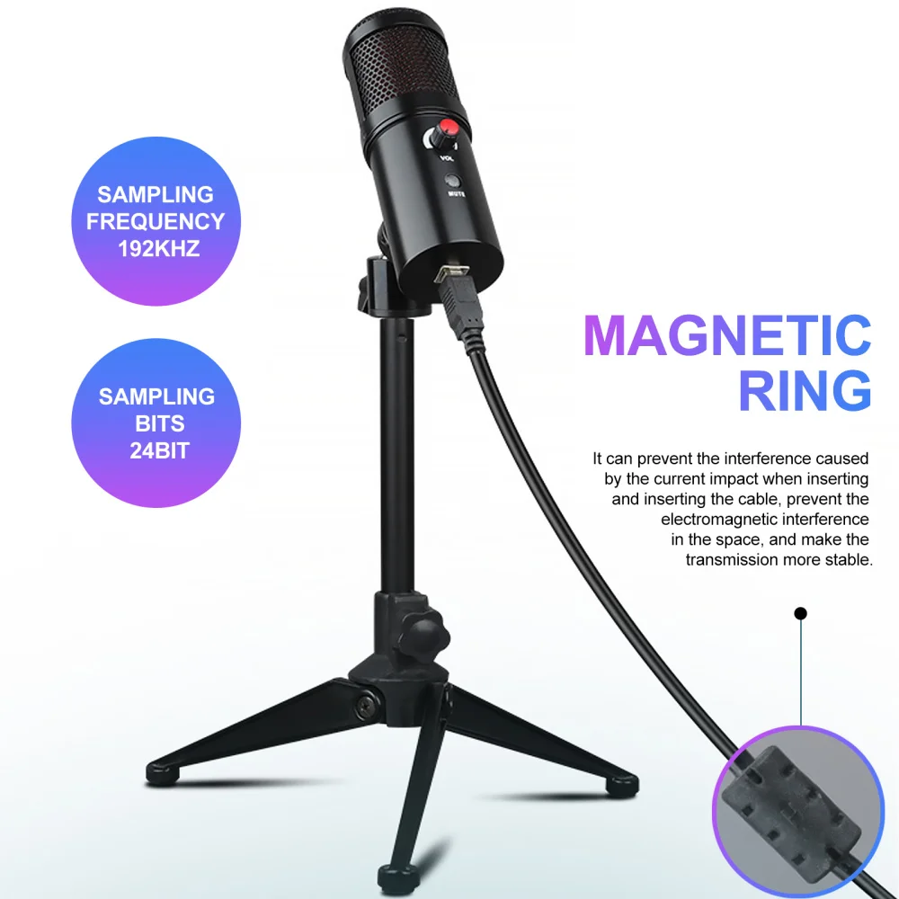 

1 Set of Capacitance Microphone with Mute RGB Metal Tripod Microphone (Black)