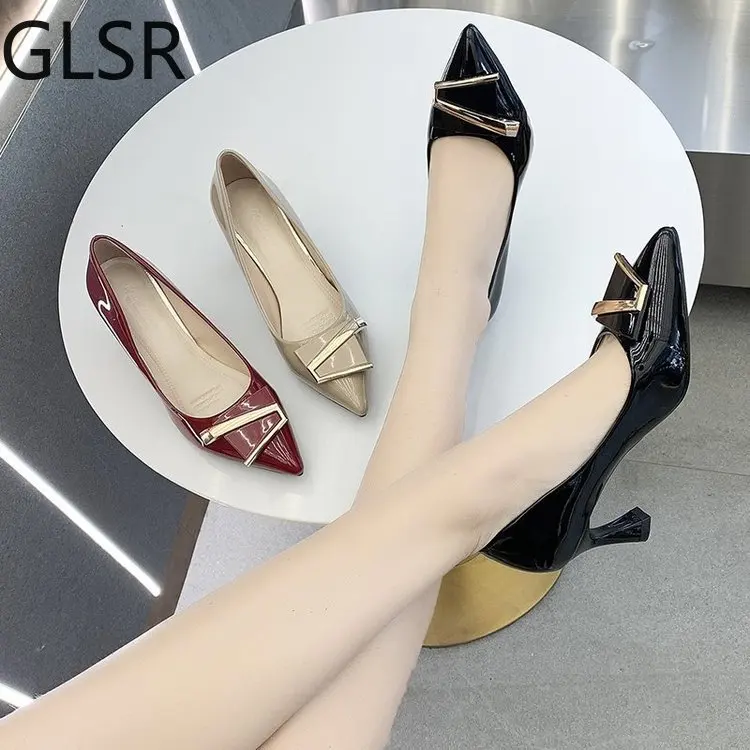 

Luxury Metal Designer Patent Leather Western Ladies High Heels Ladies Slippery Work Shoes Office Shoes Ladies Office Shoes