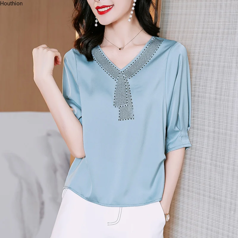 

Houthion New Sleeve Women's Blouse V-neck Comfortable Fashion Tops Casual Summer Shirt Solid Color Hot Drilling Blusas