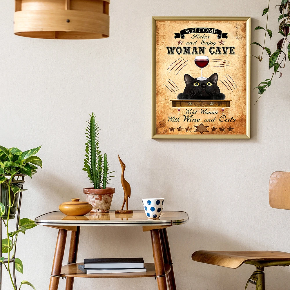 Картина на холсте черная кошка Женская пещера плакат питьё красное вино