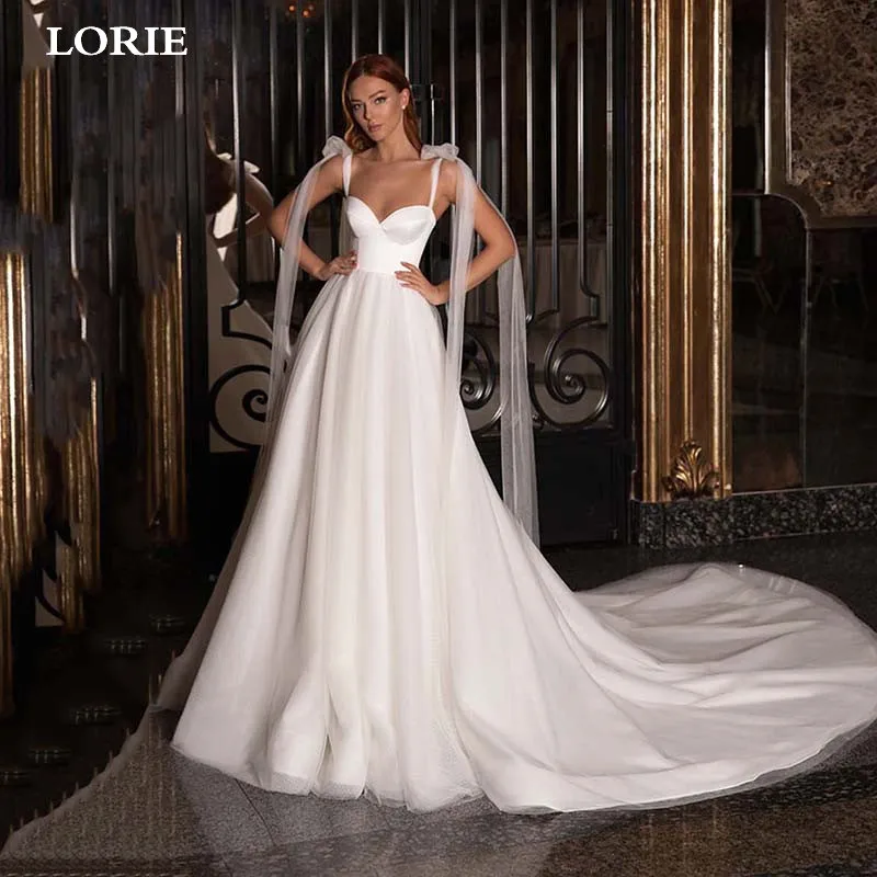 

LORIE Classic Satin Wedding Dresses A Line Bow Spaghetti Straps Sweetheart Bride Dress Long Train Backless Beach Wedding Gown