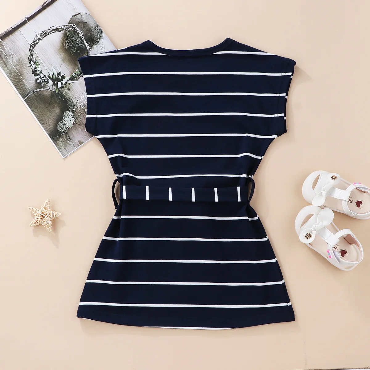 Kids Dress Striped Round Neck Short Sleeve One-Piece for Baby Girls Navy Blue | Детская одежда и обувь