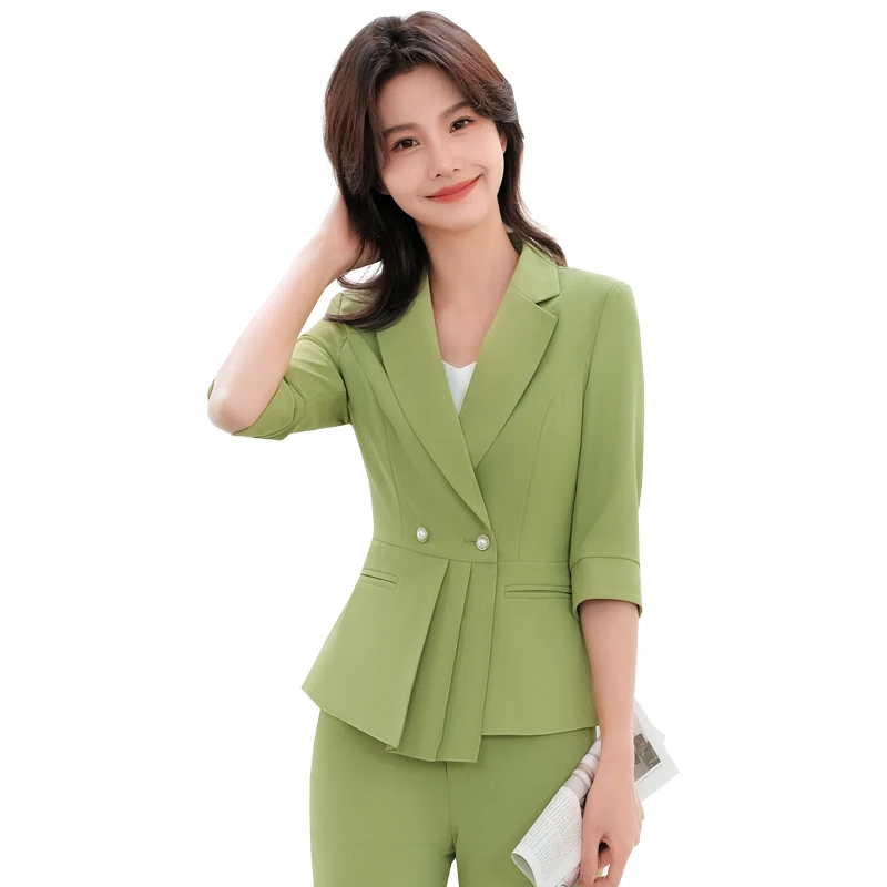 

Женский Деловой брючный костюм, розовый, красный, зеленый, желтый комплект из двух предметов, однобортный Блейзер с рюшами и брюки для работ...