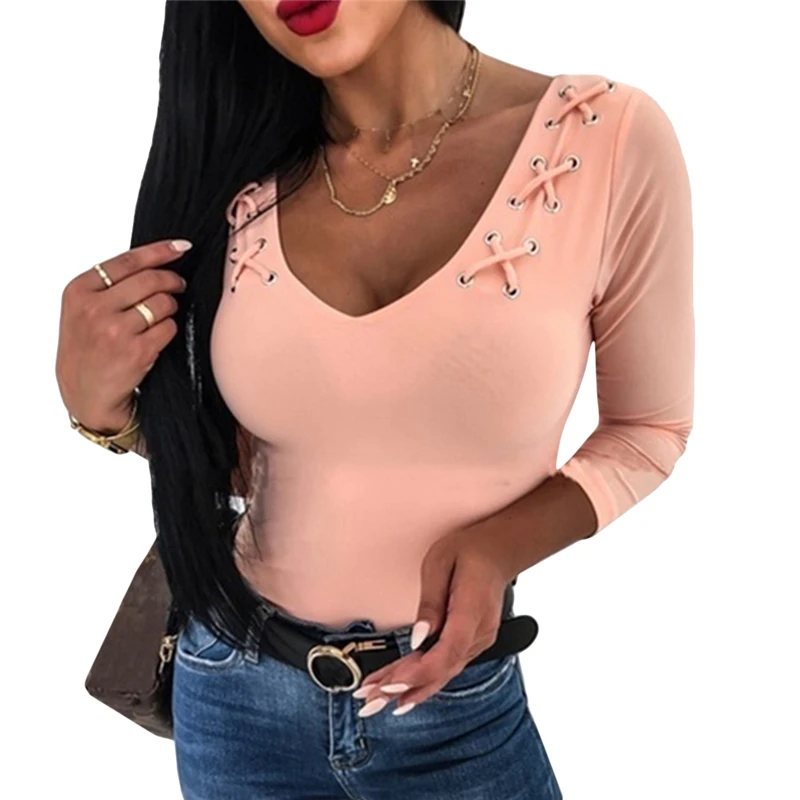 Сексуальная футболка с низким вырезом Топ длинным рукавом осенняя Базовая