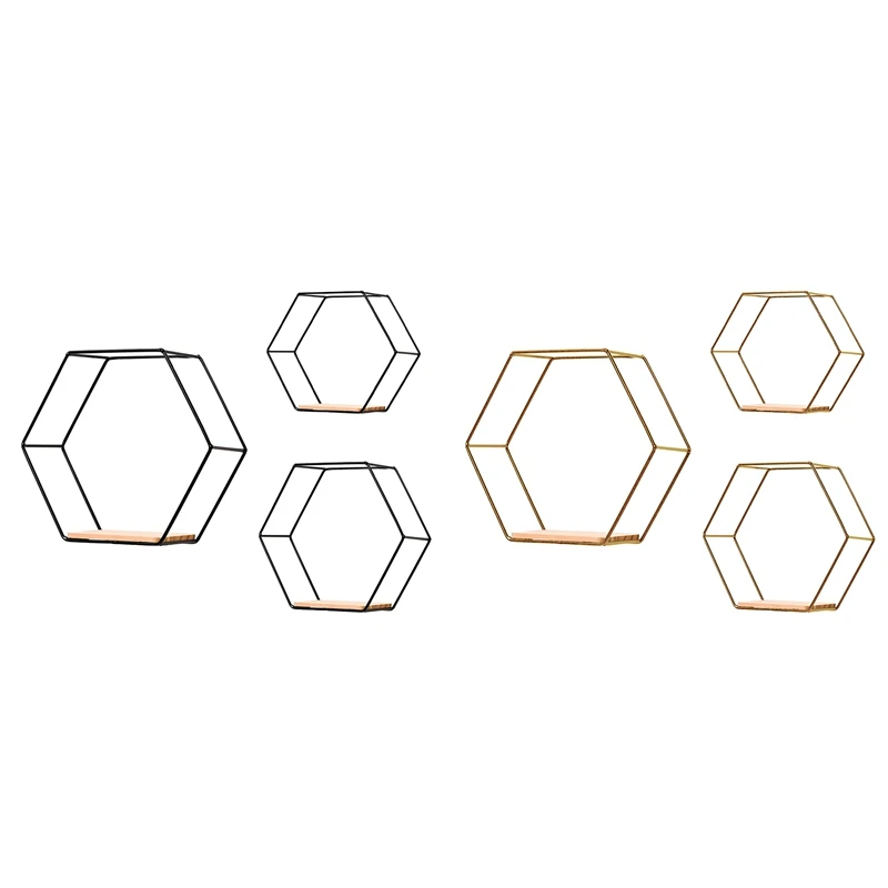 

3Pcs Hexagon Wall Shelves Hanging Shelves Metal And Wood Floating Shelves Wall Storage Organiser For Home Shelf