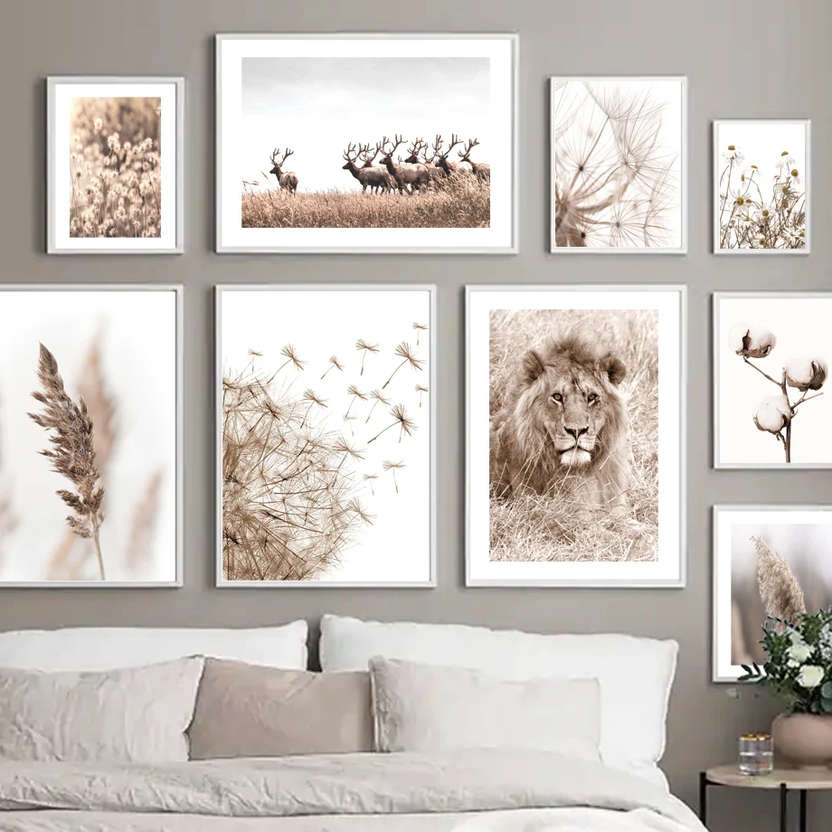 

Lion Deer Flower Reed Dandelion Cotton Beige Wall Art Canvas Painting Nordic Posters And For Living Room Prints Decor Pictures