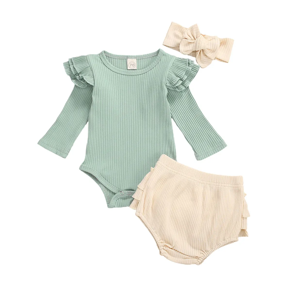 

0-24M Newborn Baby Girls Clothes Sets Long Sleeve Ribbed Knitted Rompers+High Waist Shorts+Headband Cotton Outfits