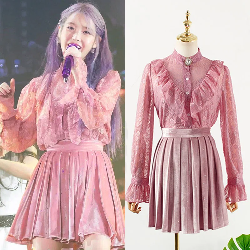 

kpop IU Lee Ji Eun stage show same autumn fashion pink lace Long sleeve shirts tops + sexy velvet mini skirt women Two-piece set