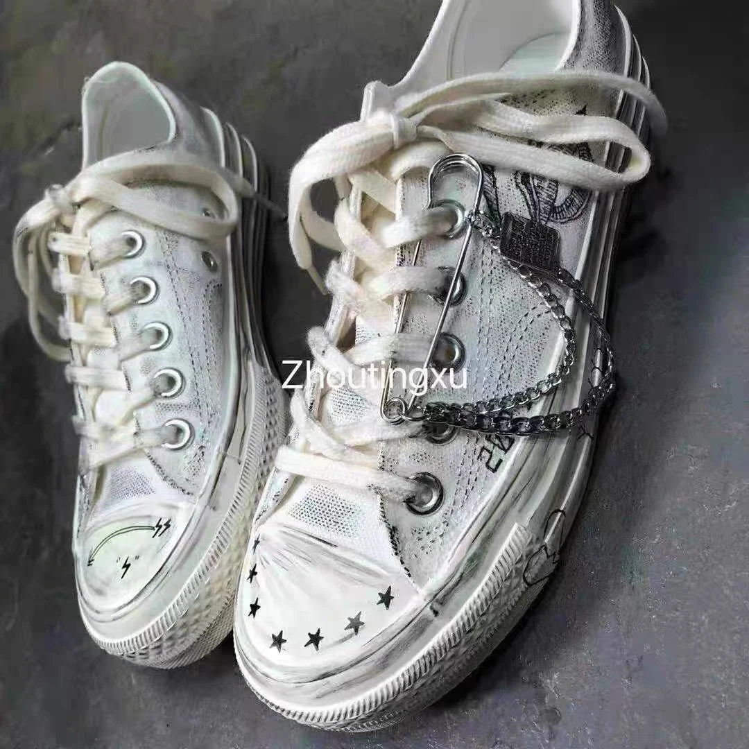 

Новые весенние Индивидуальные Женские холщовые туфли ручной росписи граффити с низким вырезом модные туфли в стиле АВ состаренные грязные ...