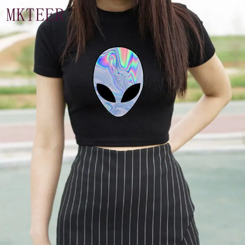 Кроп топ Alien Rainbow женский с коротким рукавом модная базовая Готическая рубашка