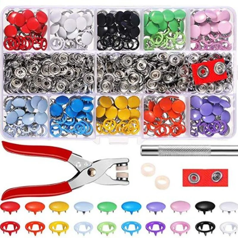 

200/100 Pcs 10 Colors DIY Press Studs Tool Kit Button Rings Snap Fasteners Metal Grommet Tool Kit with Plier Metal Sewing Button