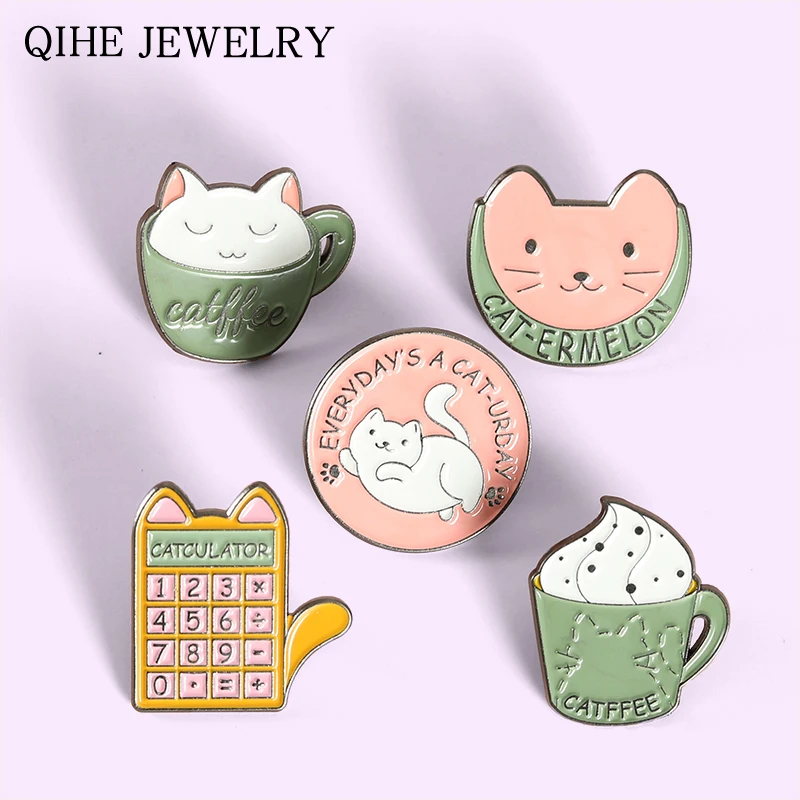 

Cartoon Cat Enamel Pins Badge Calculator Coffee Cup Brooches for Women Cute Animal Lapel Pin Bag Anime Jewelry Gift Wholesale
