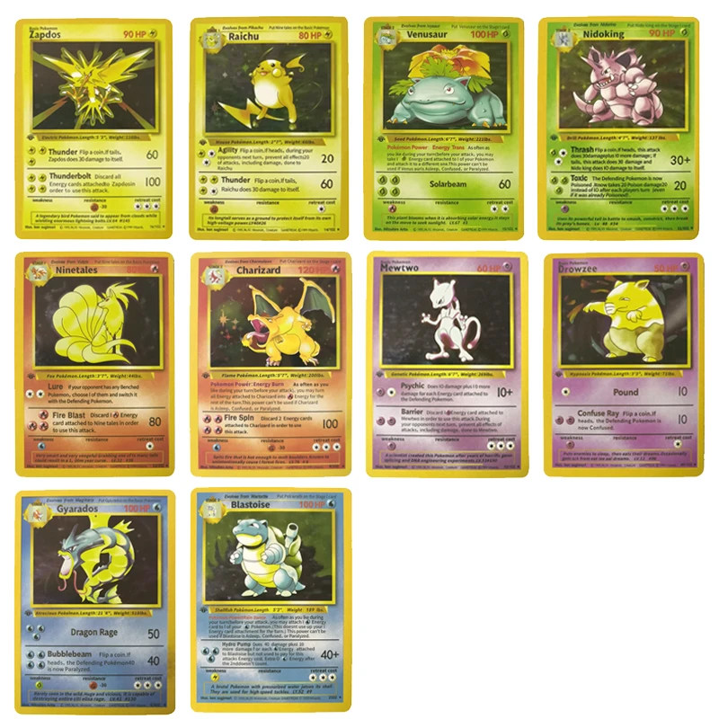

10PCS Pokemon Flash Cards Raichu Charizard Blastoise Venusaur Holographic Pokemon Cards Game Collection Cards Toys Kids Gift